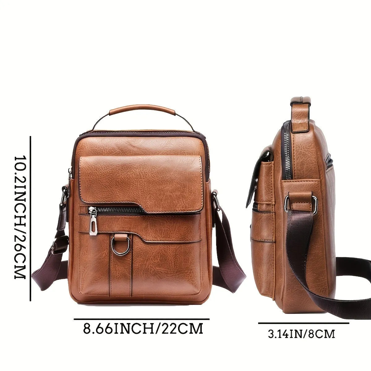 Brown men's PU leather crossbody shoulder bag with adjustable strap, top handle, multiple pockets, and card holder wallet.
