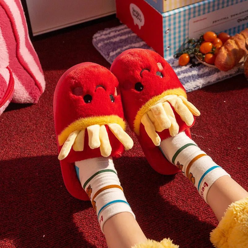 Women's cotton slippers with suede upper, EVA sole, French Fries cartoon design, indoor home wear