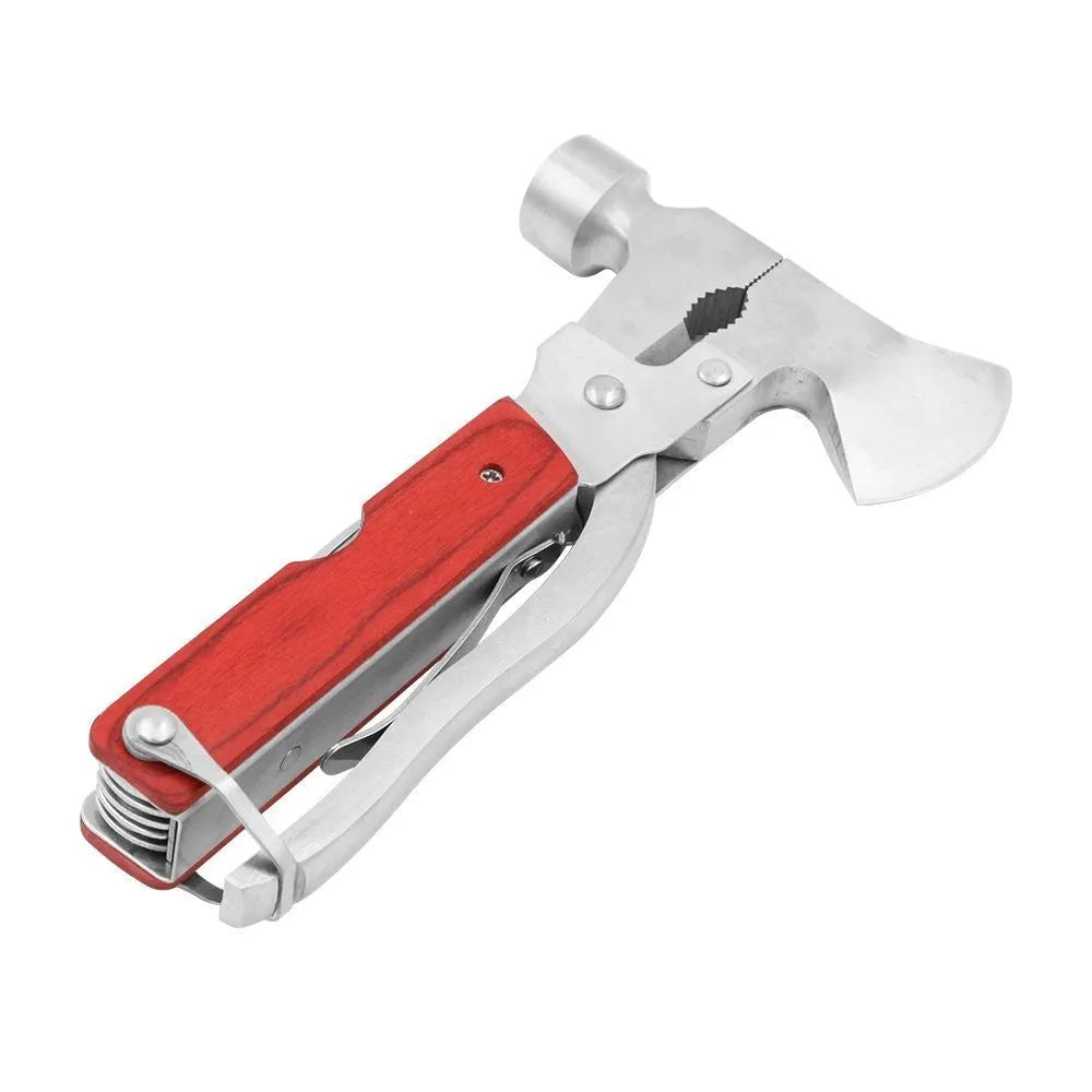 16-in-1 multifunctional solid steel car safety hammer shown folded, with portable Oxford fabric bag.