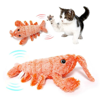 USB rechargeable jumping lobster cat toy with motion-activated swaying and flipping action, made of soft plush fabrics