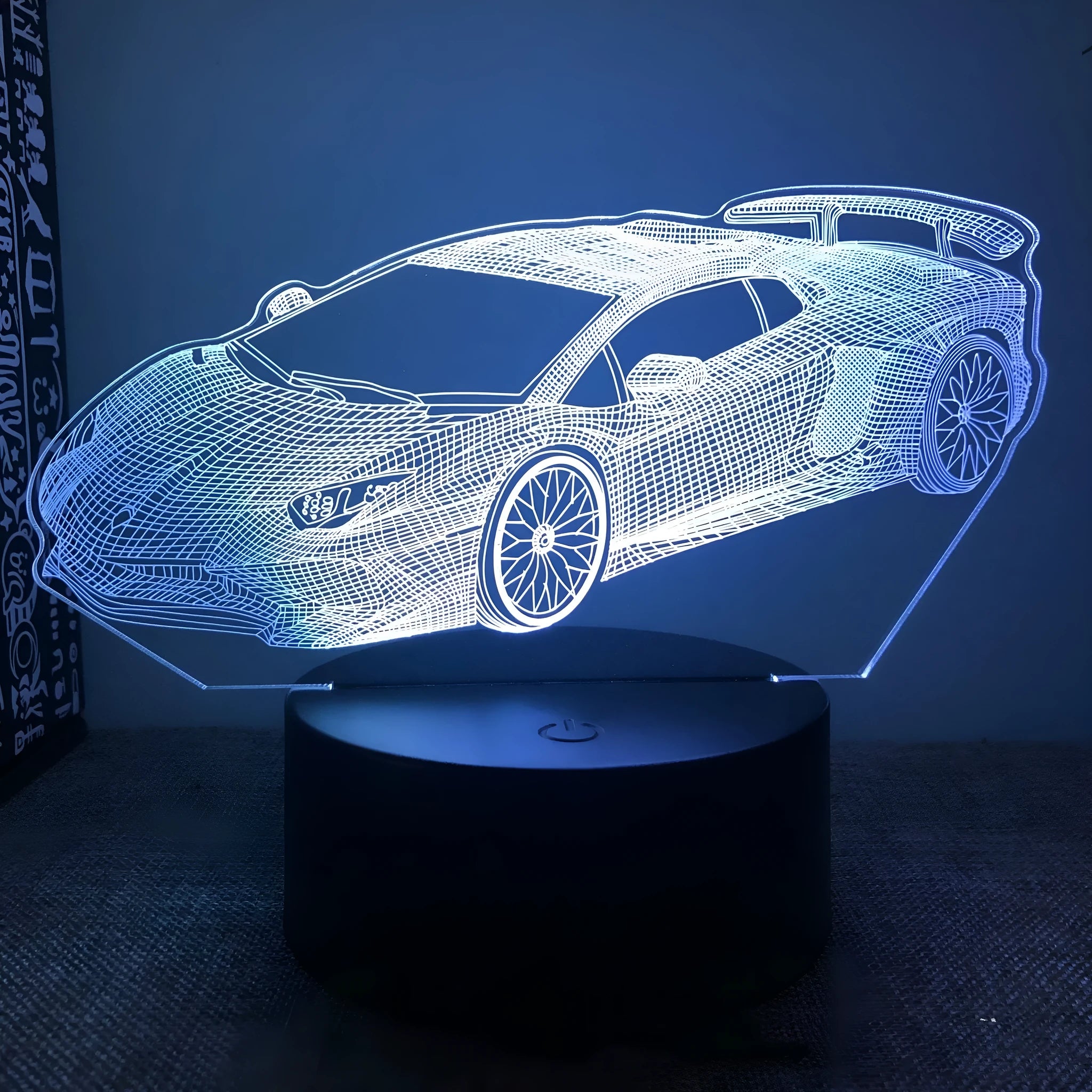 Car-shaped USB bedside lamp with remote control showing 16 colour options