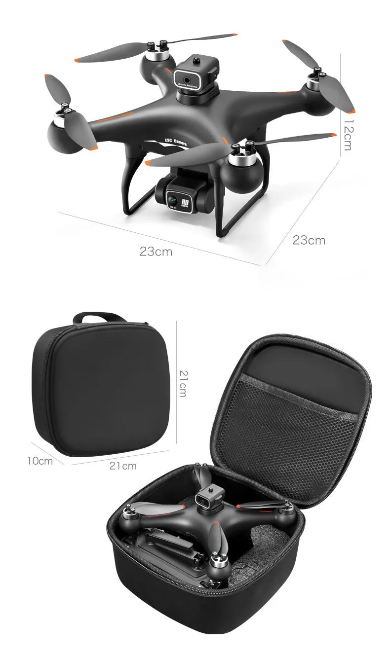 Black S116 brushless quadcopter drone with four propellers and a dual camera, shown with its remote control.