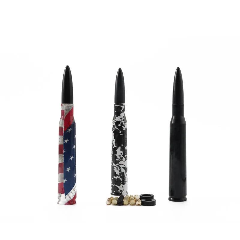 14cm bullet car antenna in black, camouflage green, and American flag finishes