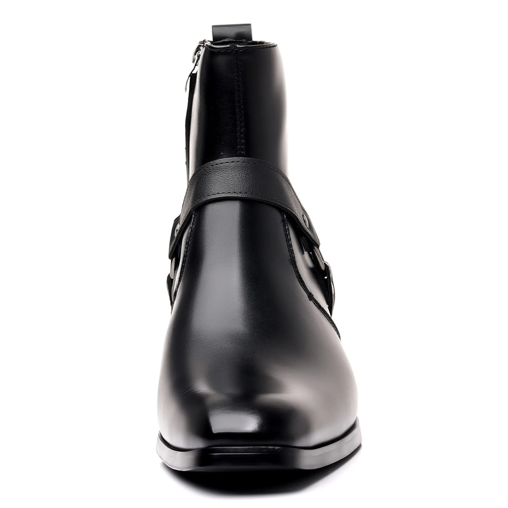 Black wild style unisex chain boots with side zipper and chunky horseshoe heel.
