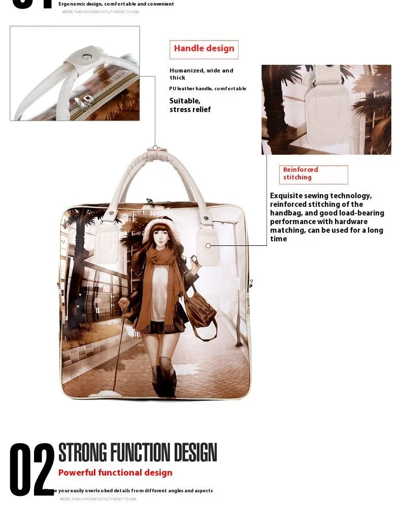 Medium square vertical travel handbag in PU leather with three-dimensional pockets and a soft handle.