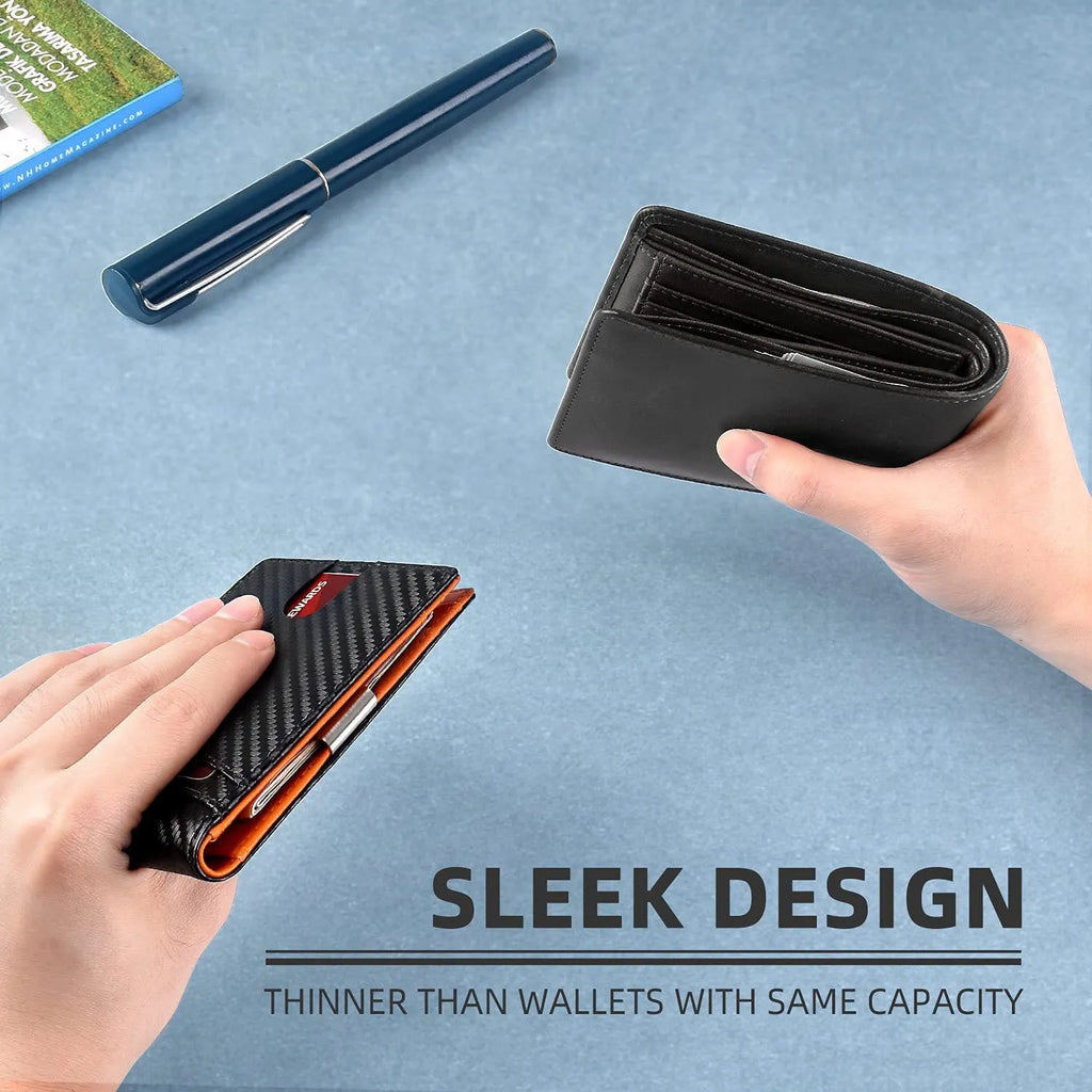 PU leather wallet card holder with multiple slots and anti-theft design in carbon fibre black colour