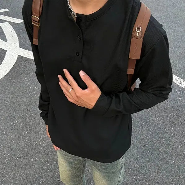 Black men's Henry collar long-sleeved pullover top, loose fit, polyester blend fabric