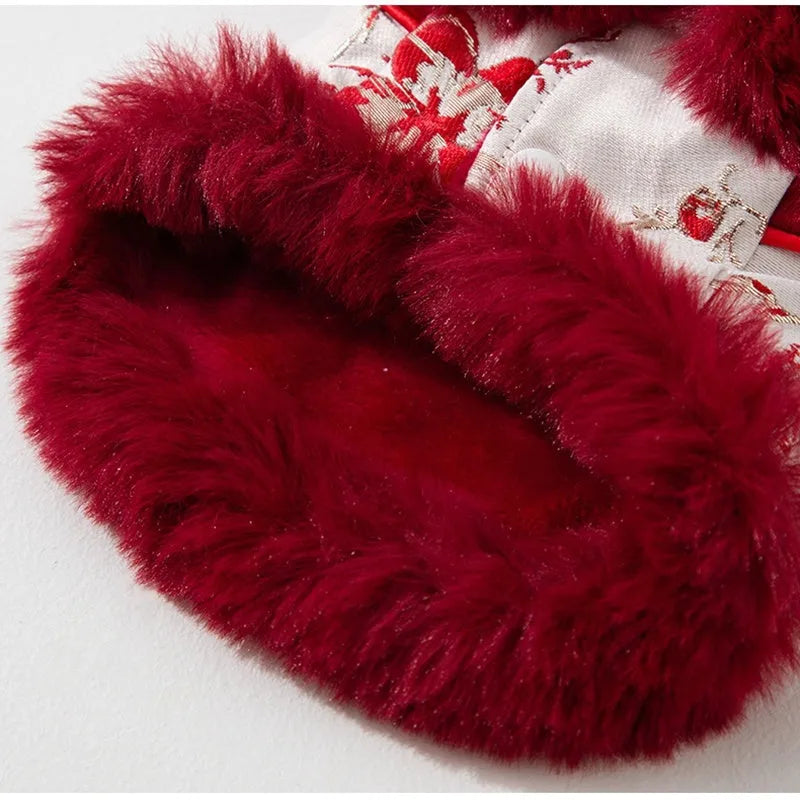 Chinese-style pet Tang Suit jacket in red with stand-up collar and fluffy trim on small dog