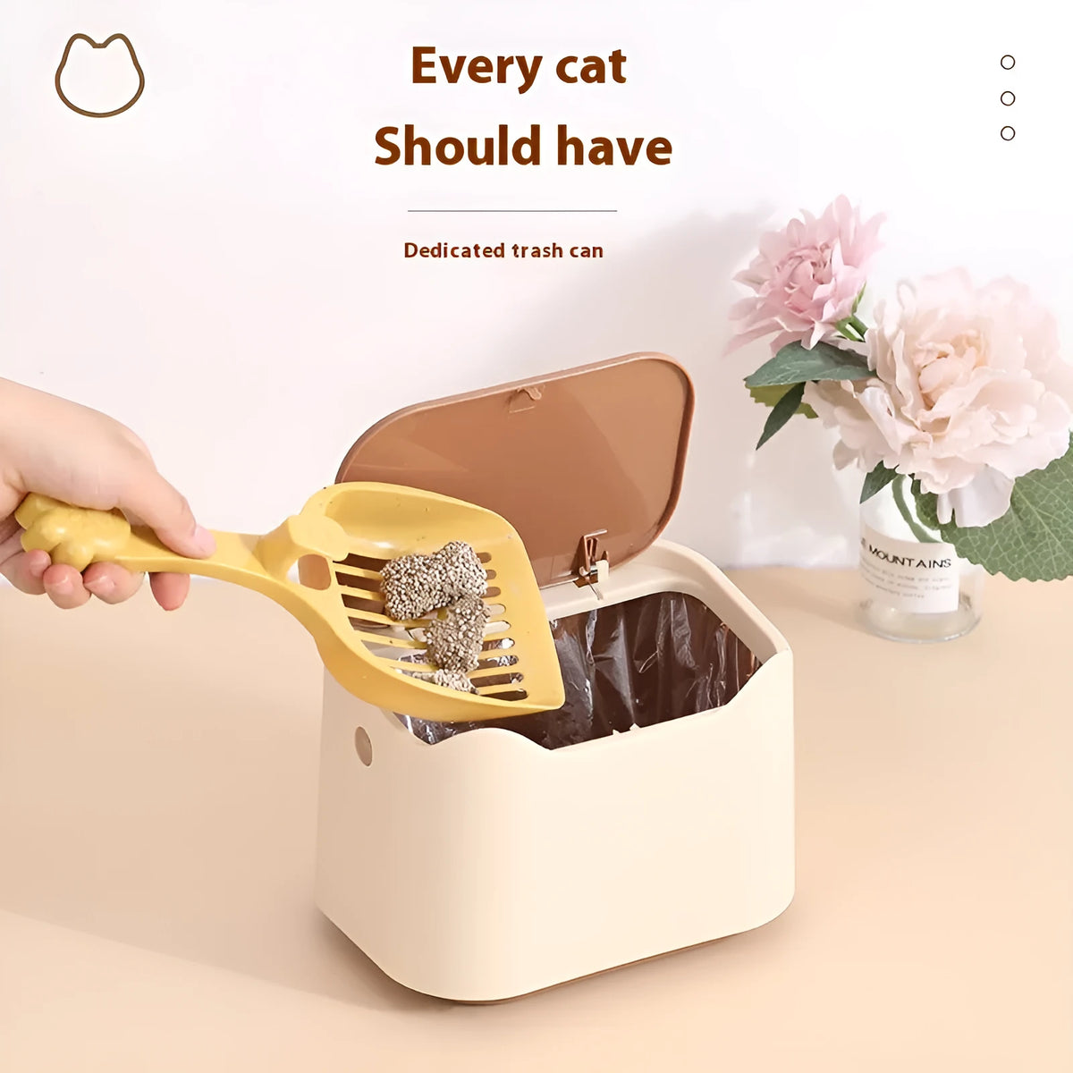 Fully enclosed cat litter bucket in PP plastic with deodorising garbage bags, 1.7L capacity, khaki colour