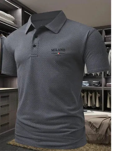 Men's loose fit lapel shirt polo in pinhole fabric, short sleeves, solid colour