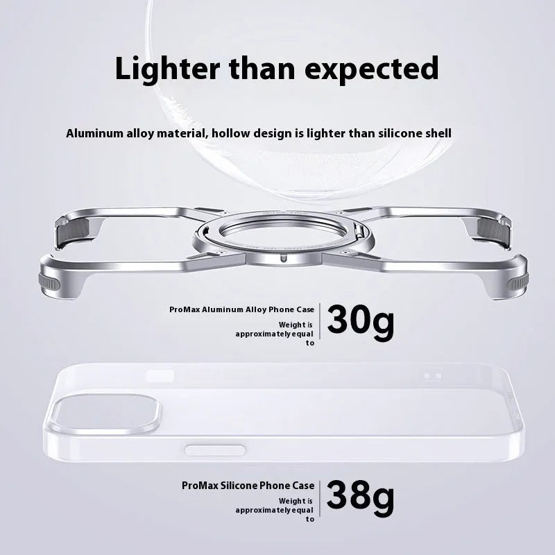 Rotary magnetic iPhone case in hollow aluminium alloy with X-shaped bracket, shown in Deep Space Gray