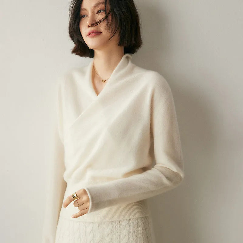 Women's solid colour V-neck cashmere sweater top with hooded style and long sleeves in Soft Cloud White