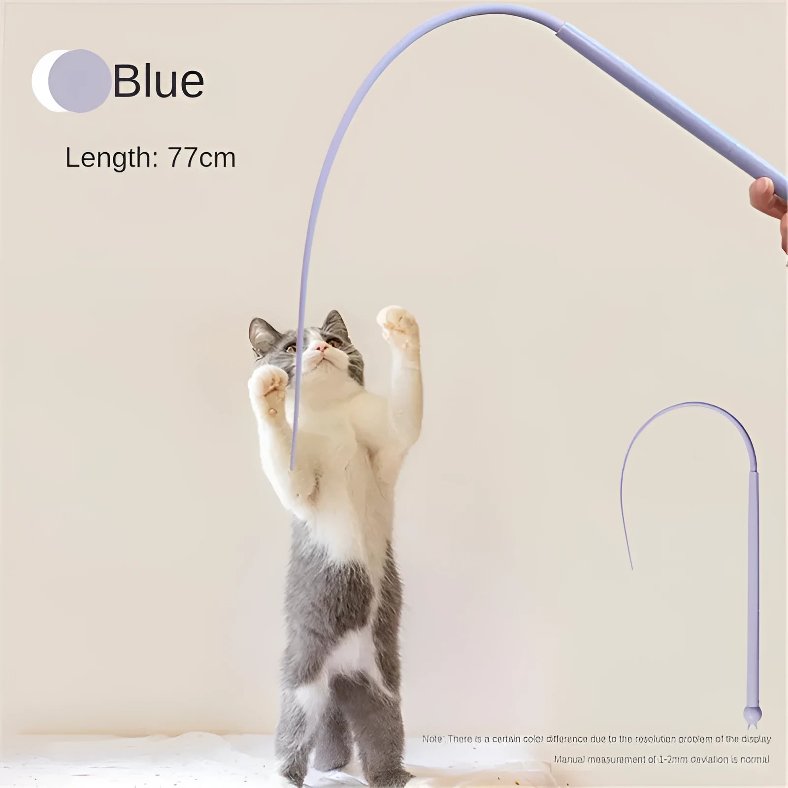 Blue simulated mouse tail cat toy with long silicone tail and cat head handle for interactive feline play