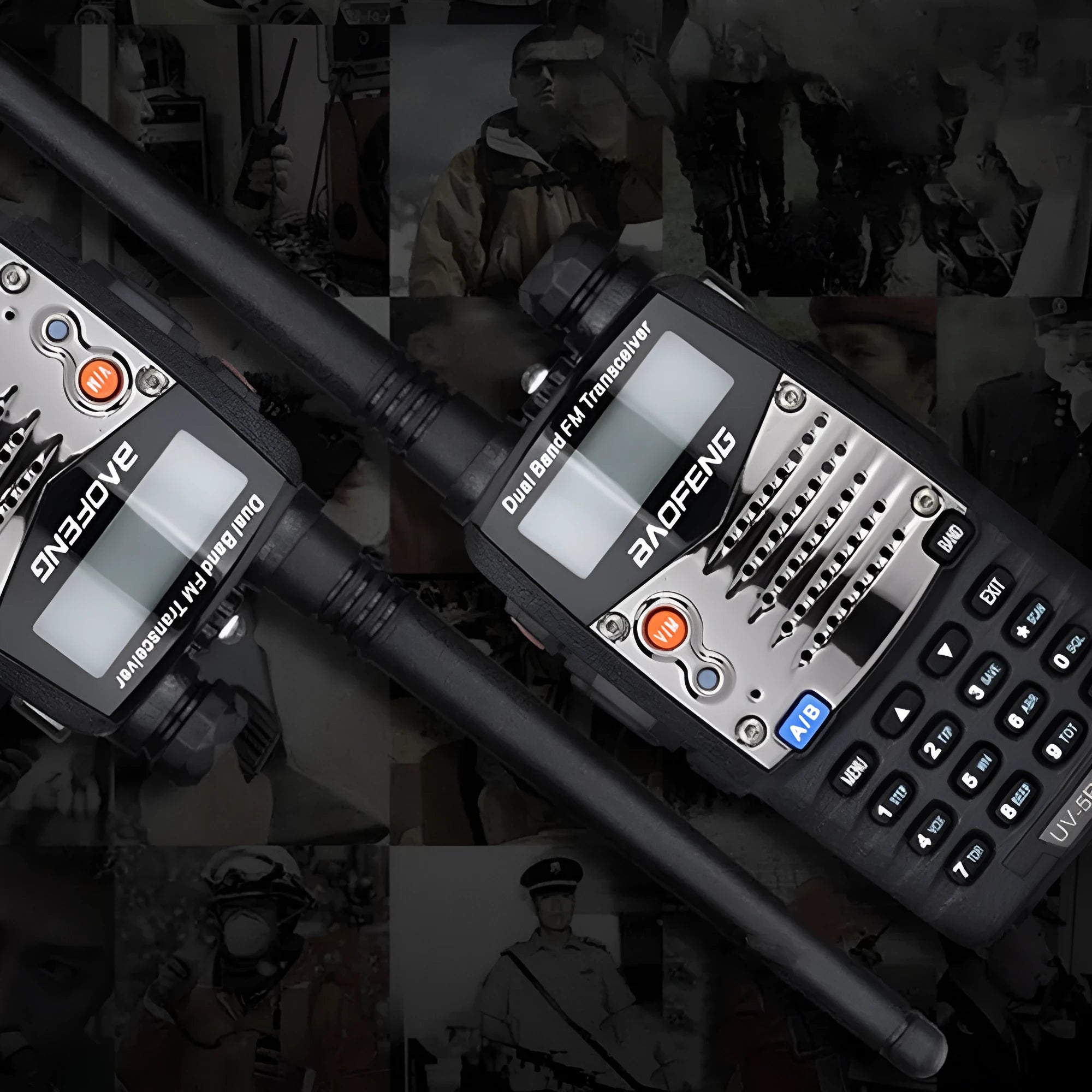 Baofeng UV-5RA dual-band two-way radio with dual display screen and antenna