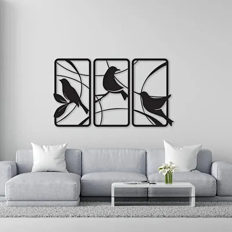 Sanzhiniao black wrought iron wall decoration three-piece set on a wall background