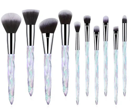 Ten clear crystal handle foundation brushes with artificial fibre bristles in four colours