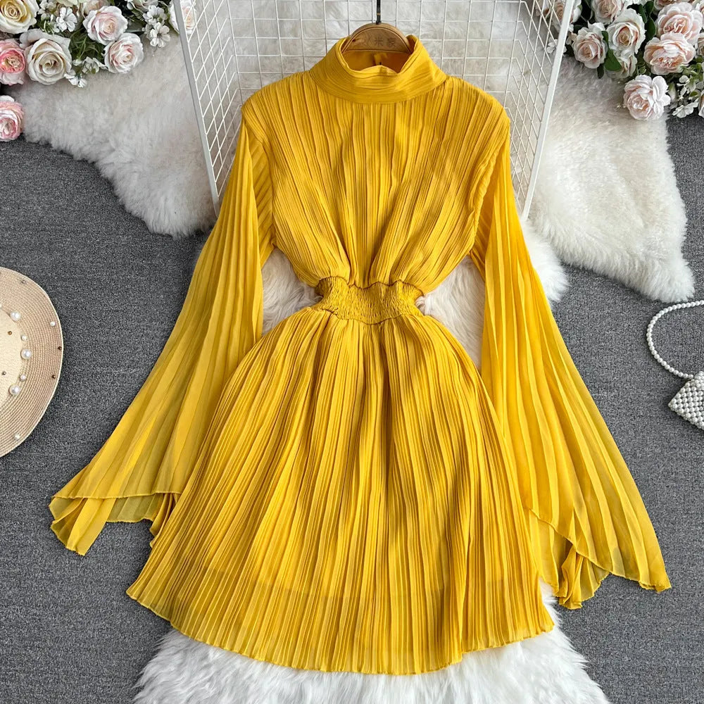Horn long sleeves stand collar waist A-line chiffon dress in midi length, available in multiple colours
