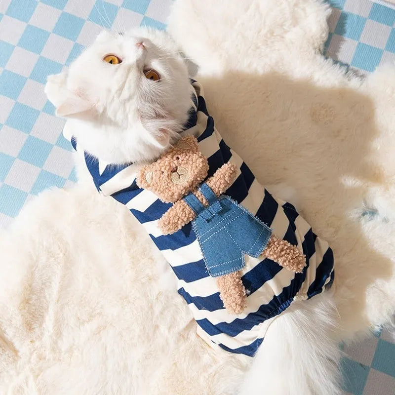 Cute bear striped four-legged dog pyjamas in blue for small to medium pets