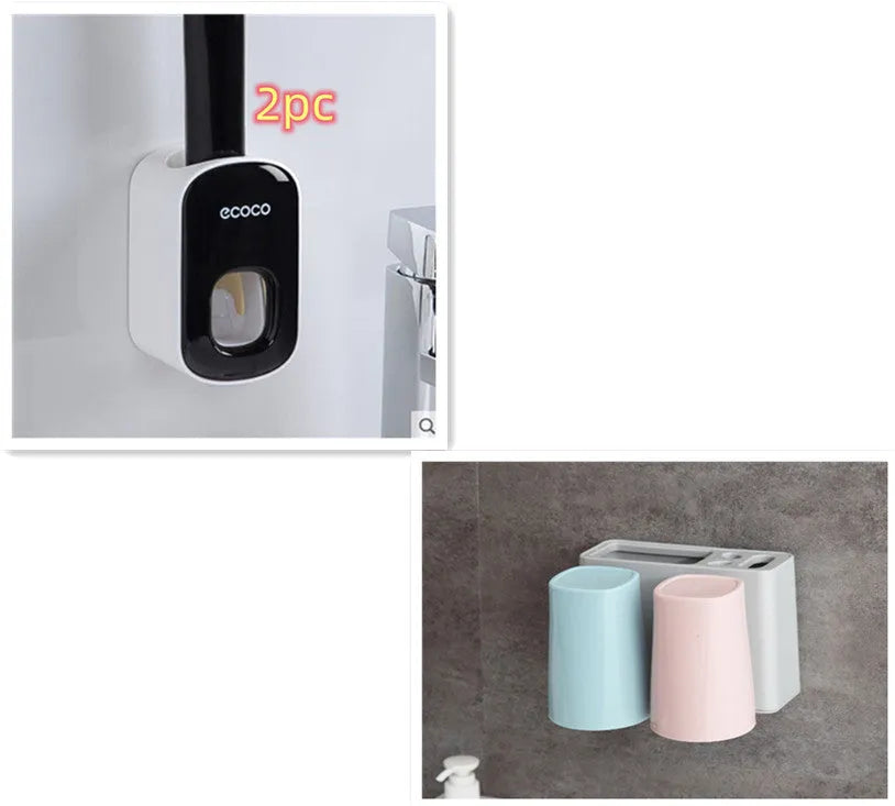 Black wall-mounted automatic toothpaste holder with toothbrush storage and suction cup mounting