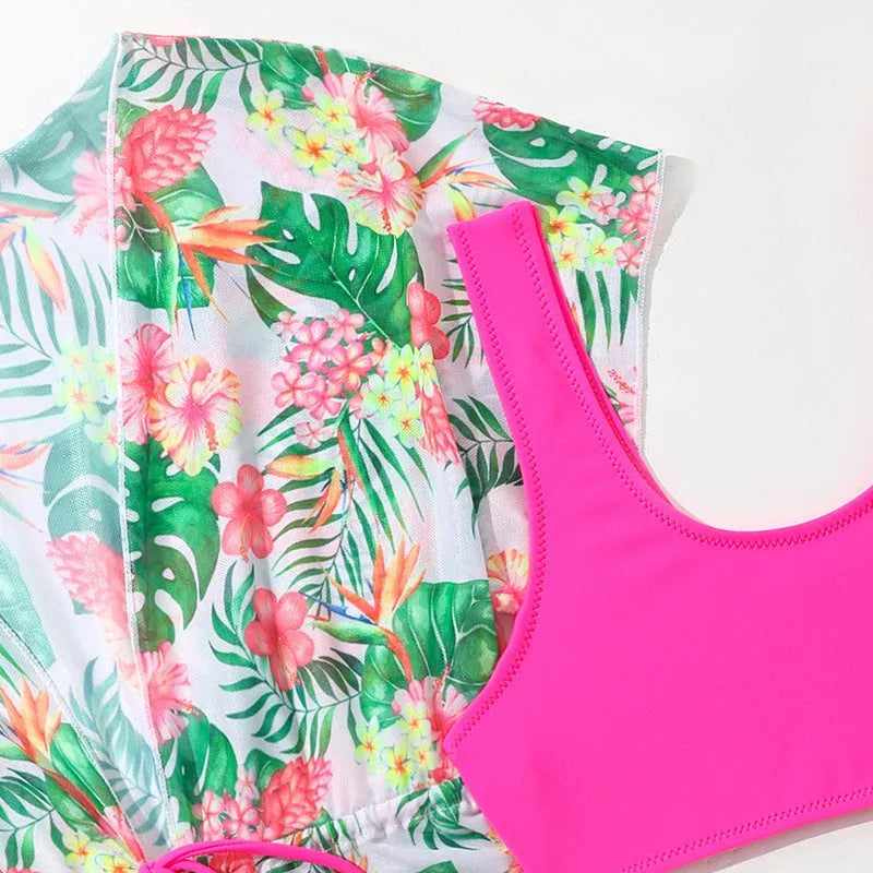Girls' floral two-piece swimsuit in polyester fabric for swimming
