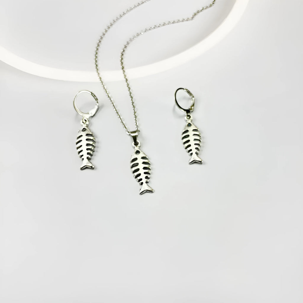 Fishbone design pendant necklace and matching earrings set with adjustable chain