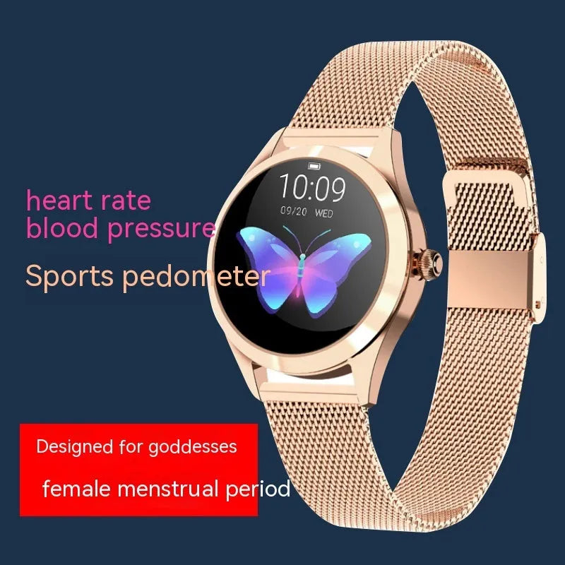 Women's multi-functional smartwatch in black, rose gold, silver, or white with heart rate monitoring.