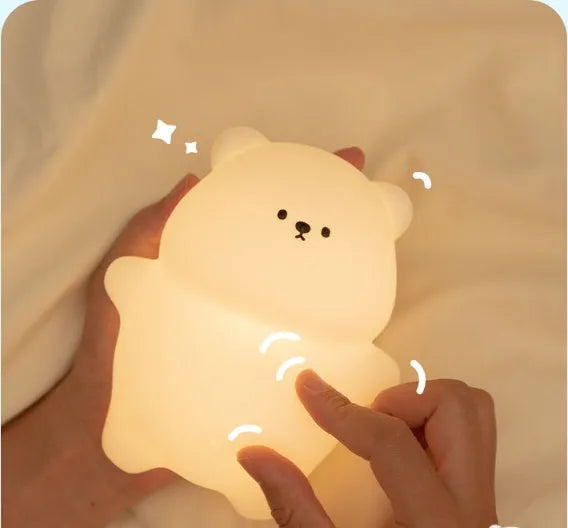 Lying flat bear small night lamp with RGB colour switching, silicone exterior, and rechargeable battery