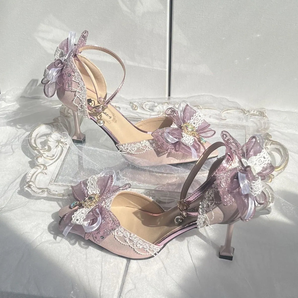 Purple satin wedding shoes with square toe design and lolita styling elements