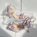 Purple satin wedding shoes with square toe design and lolita styling elements