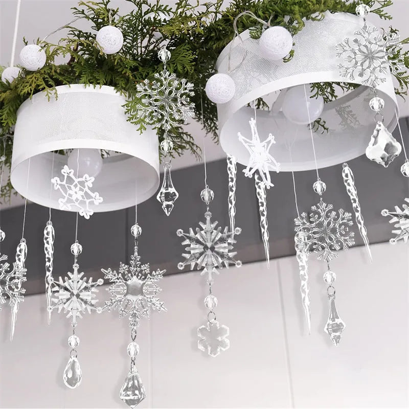 Set of 10 transparent acrylic icicle and snowflake Christmas tree hanging ornaments with ribbons.