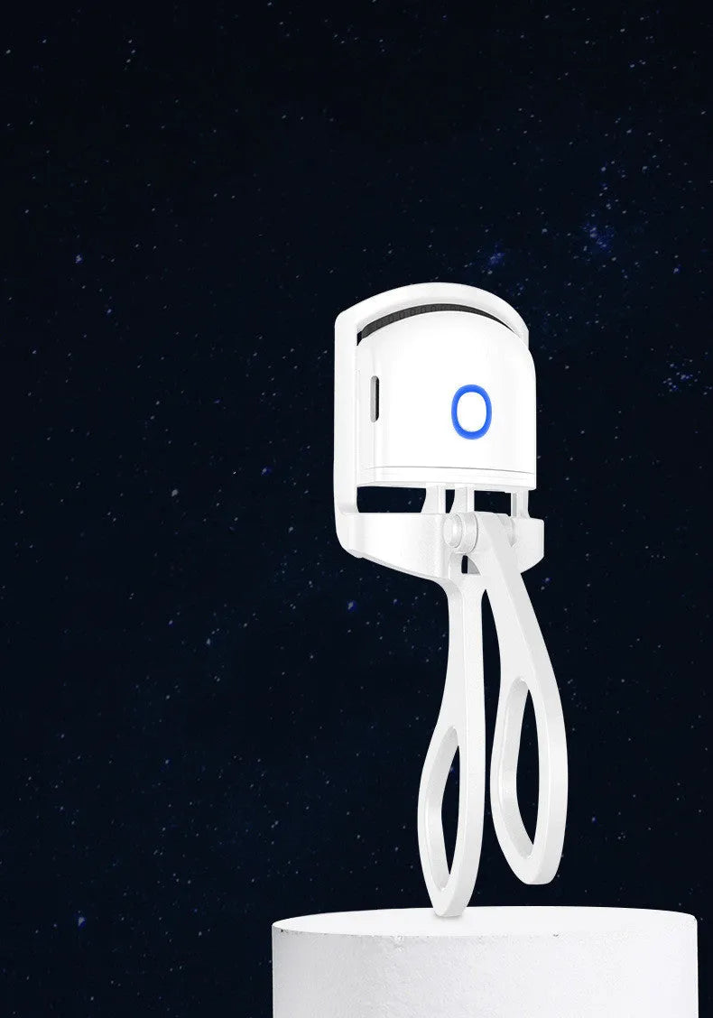 White USB heated eyelash curler with dual temperature buttons and safety insulating slots.