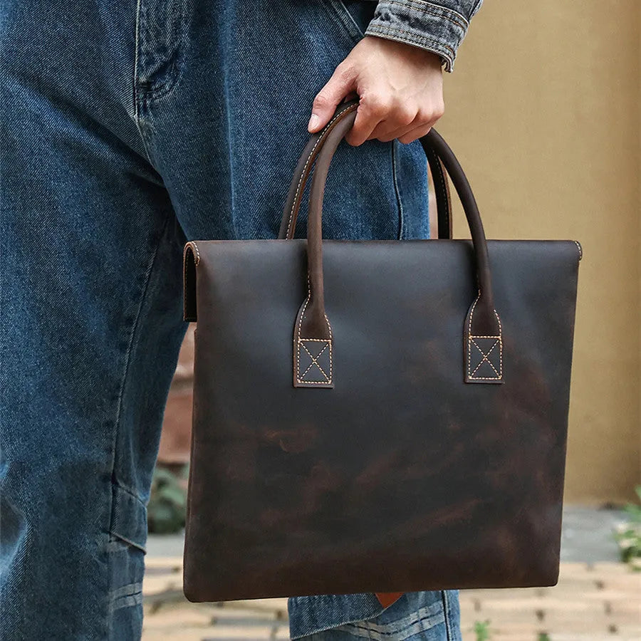Crazy Horse leather men's handbag thin portable cowhide genuine leather coffee colour business travel
