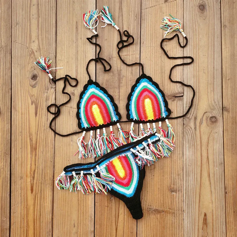 Handmade crochet bikini suit in rainbow colour with tassel trim, cotton fabric and chest pad, sizes S to XXL