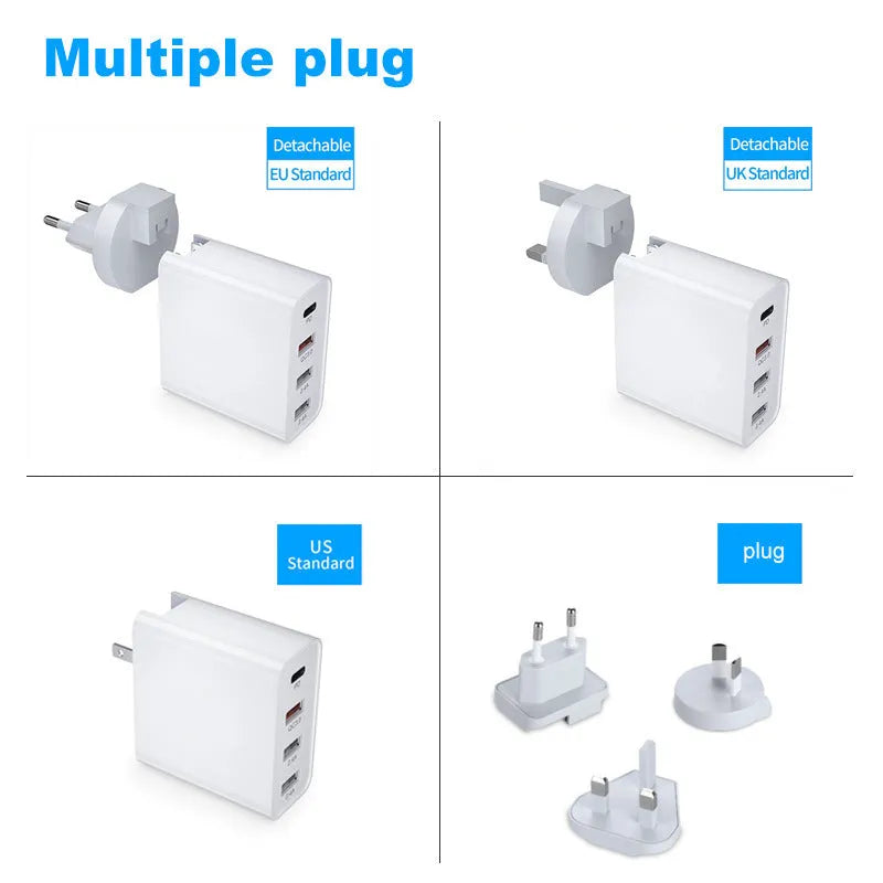 White 4-port USB fast charger with UK plug on a wooden surface.