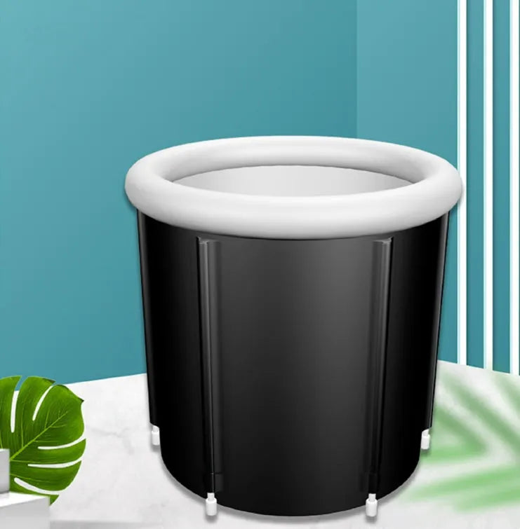 Black portable inflatable ice bath tub measuring 70x80cm with weather lid and drainage components