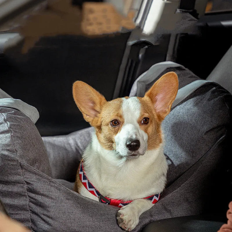 Dog car kennel cushion for co-driver seat in grey cationic linen, suitable for pets under 10kg