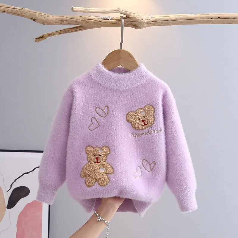 Girls mink fur plush knitted pullover jumper in pink, purple or white, sizes 110-150cm, cartoon and letter pattern