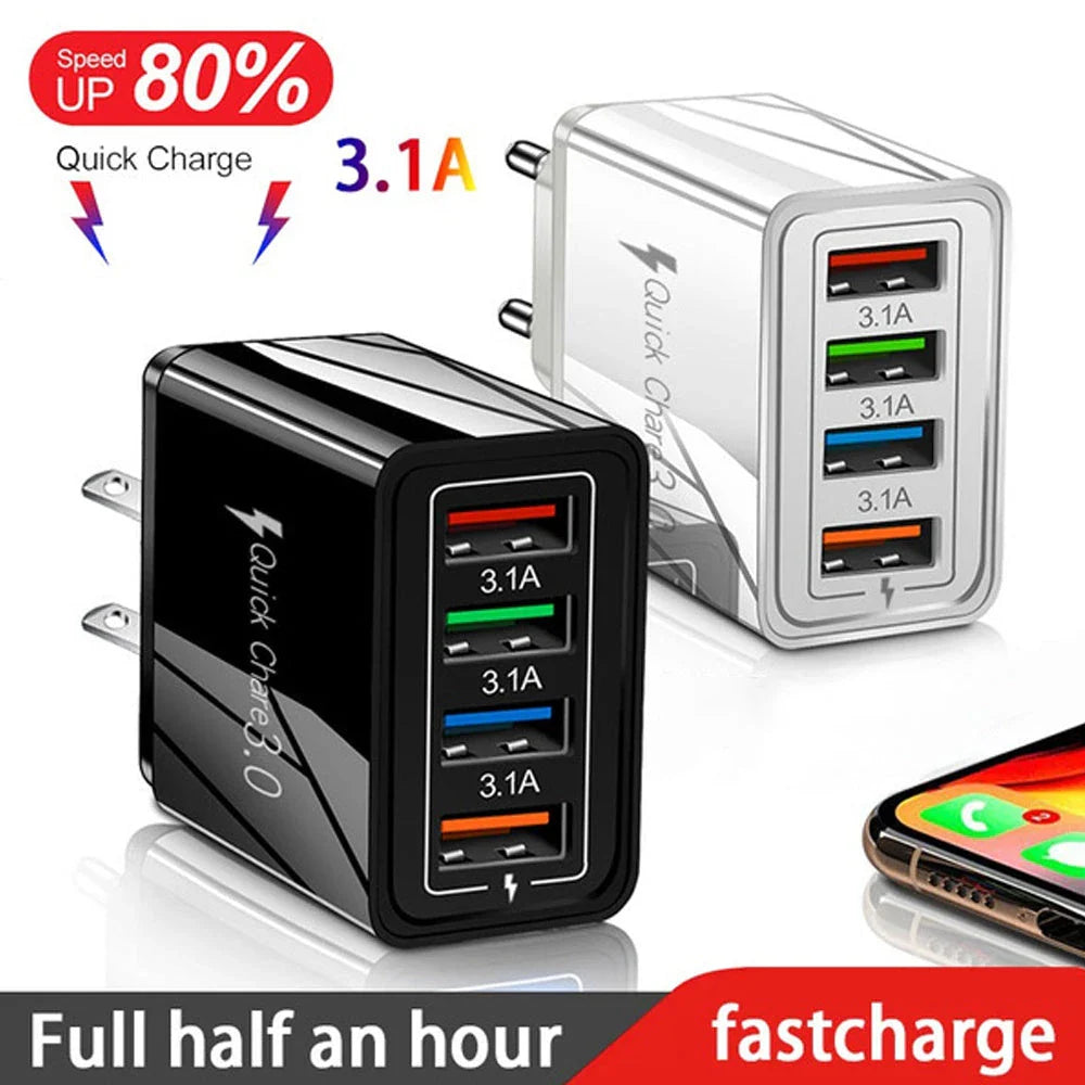 4-port USB wall charger with Quick Charge 3.0 technology for fast charging of smartphones and tablets