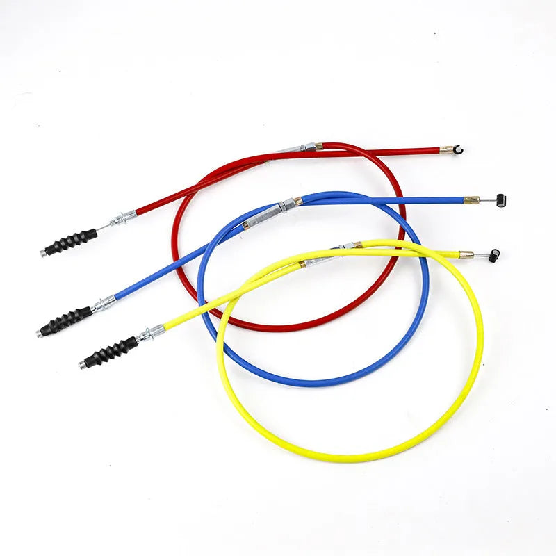 Four coloured motorcycle control cables (black, blue, red, yellow) each 0.98m long for Apollo 110-125cc engines.