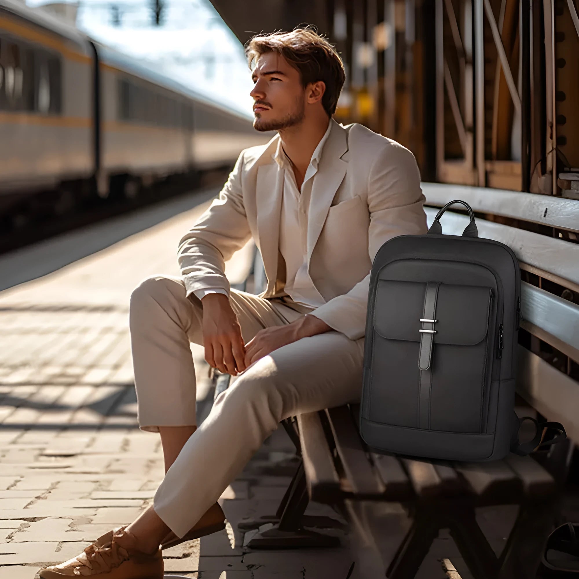 Black Oxford cloth lightweight backpack with urban design for daily commuting