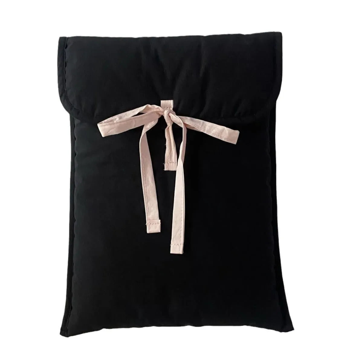 Women's black quilted laptop bag with ballet bow and striped pattern design