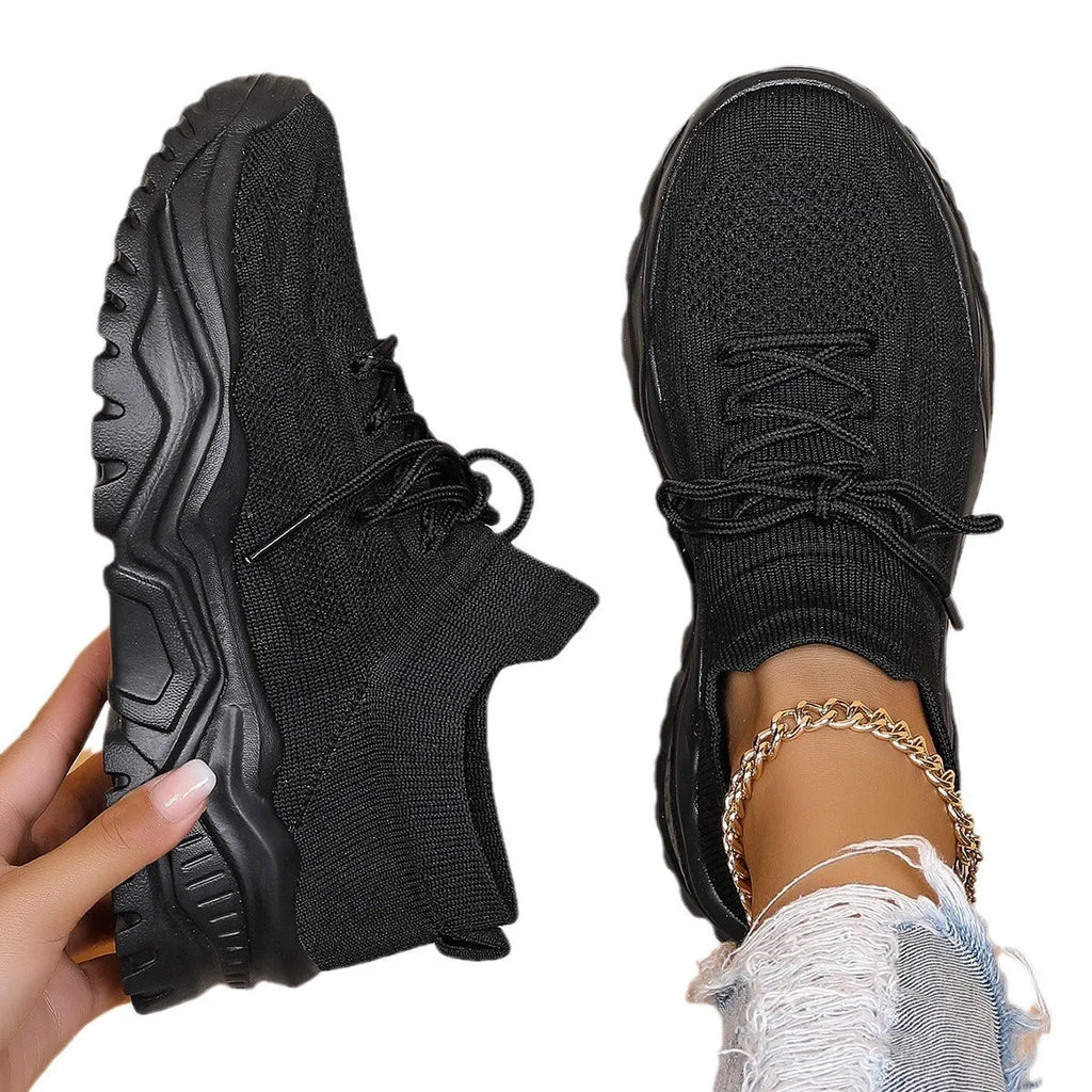 Plus size women's breathable mesh lazy shoes with platform mid heel in solid colour