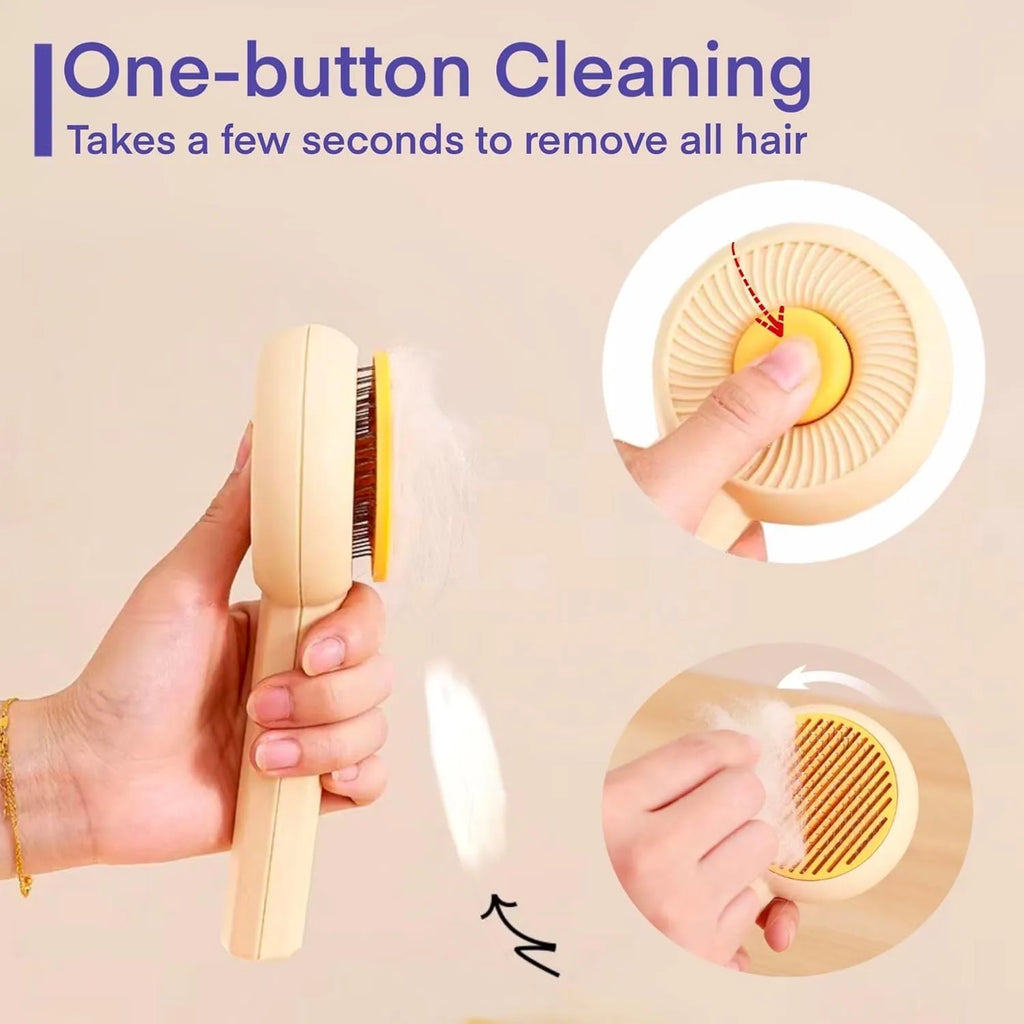 Blue and yellow pet grooming brush with self-cleaning button and angled metal needles
