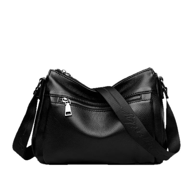 Women's black genuine leather crossbody bag with first layer cowhide, nylon lining, 27x9x22cm, single shoulder strap