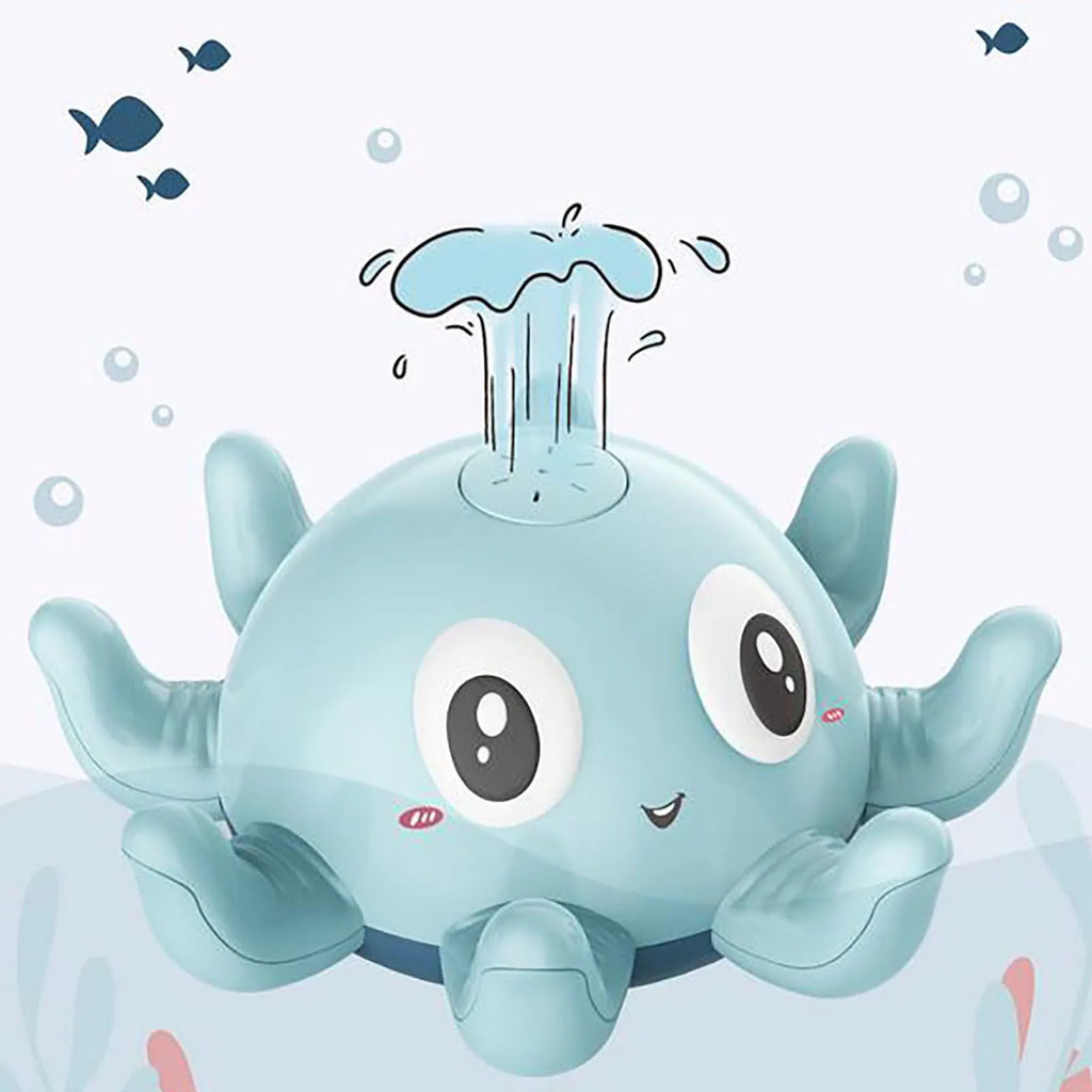 Blue octopus automatic water spray bath toy with flashing lights for children's bath time