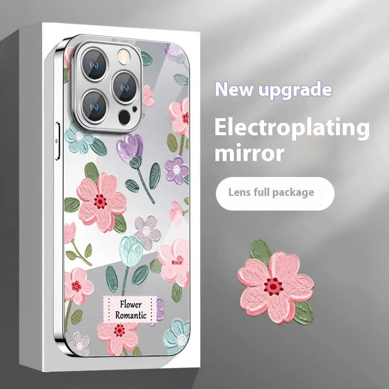 Ins oil painting flower mirror phone case for iPhone, silver grey electroplated glass anti-fall cover