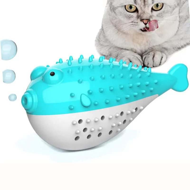Silicone fish chew toy for cats in blue, green, pink or yellow colours