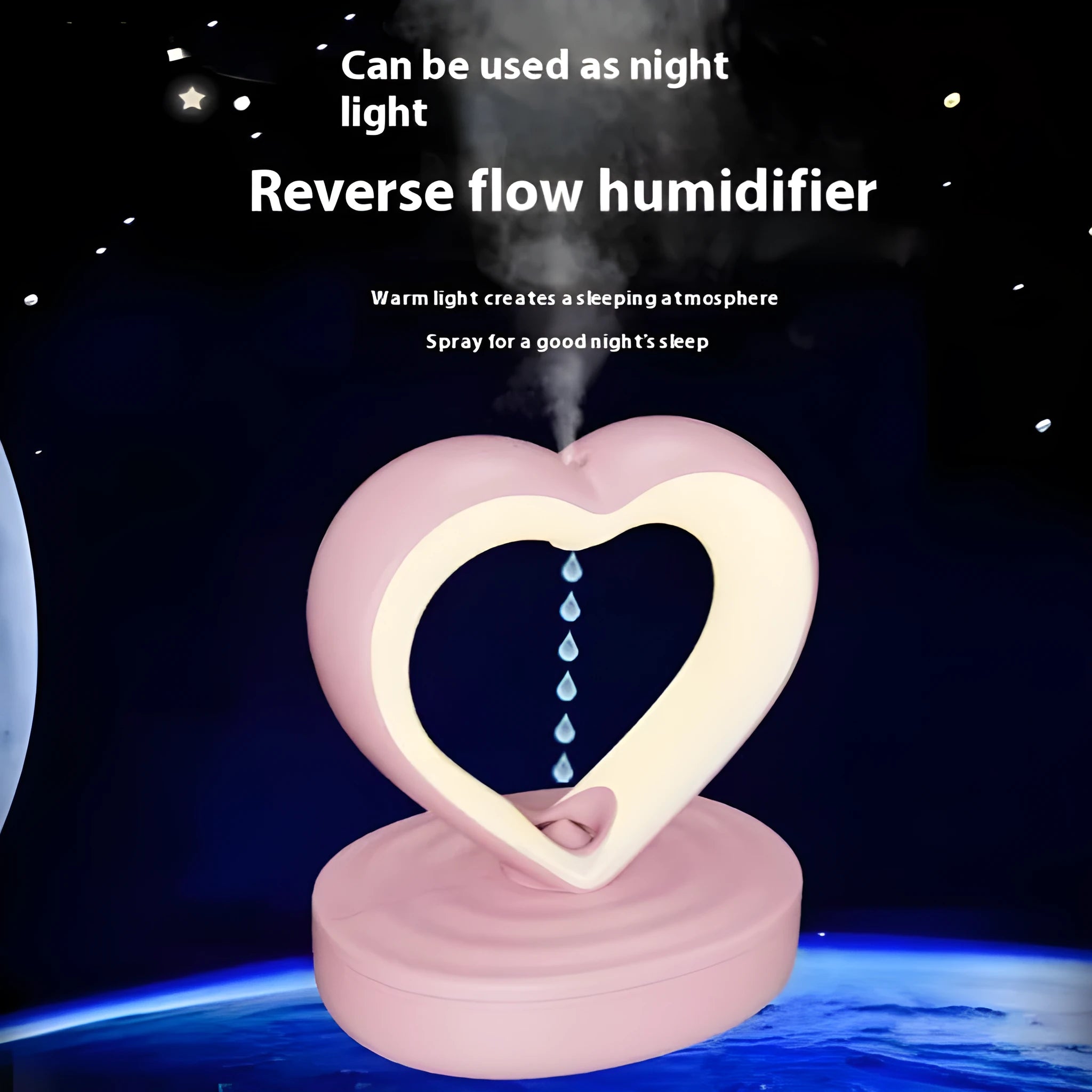 Love Anti Gravity humidifier, heart shaped with water droplet backflow, white colour, with ambience light, on a wooden desk