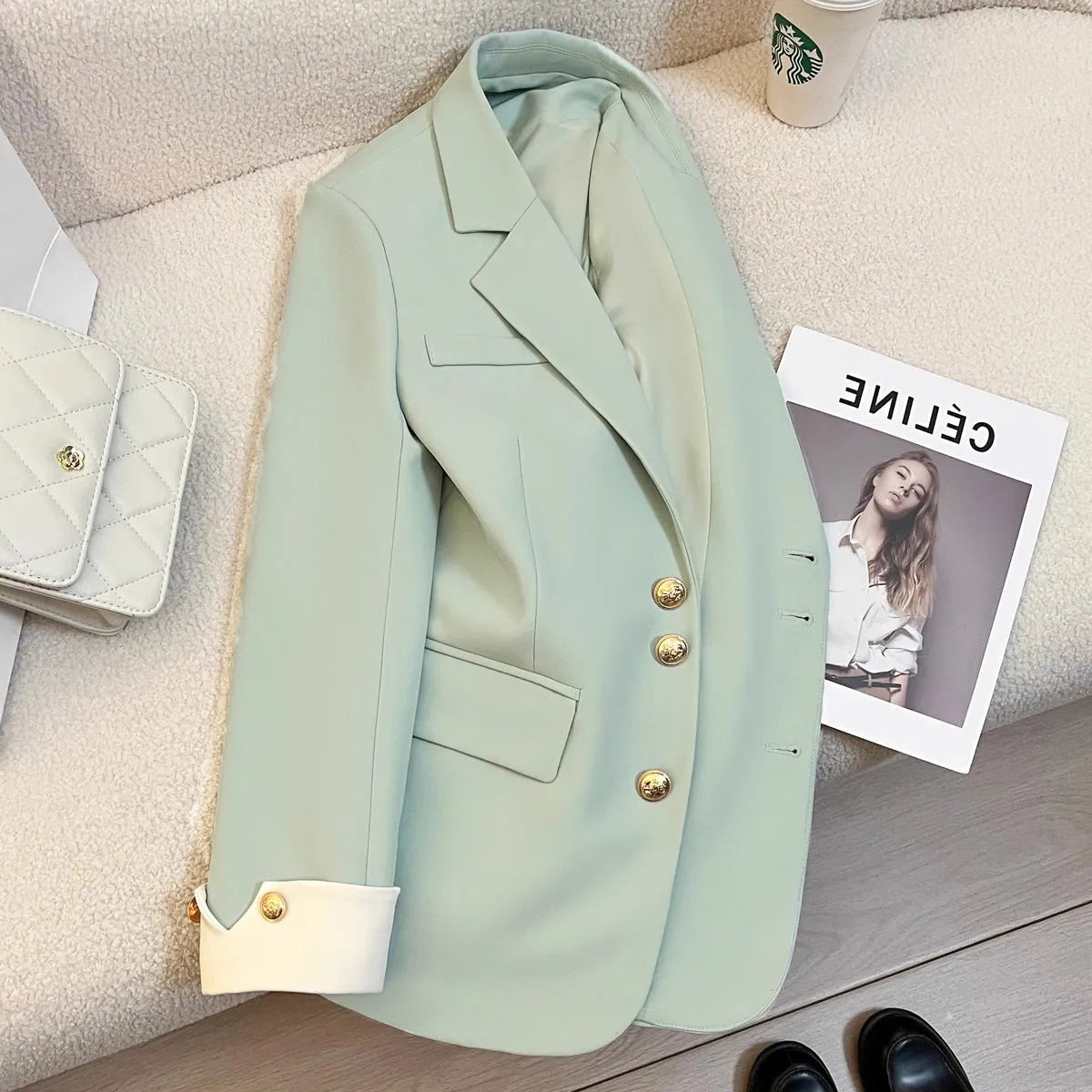Korean-style women's polyester coat in milky white with medium length, loose fit, long sleeves and pockets