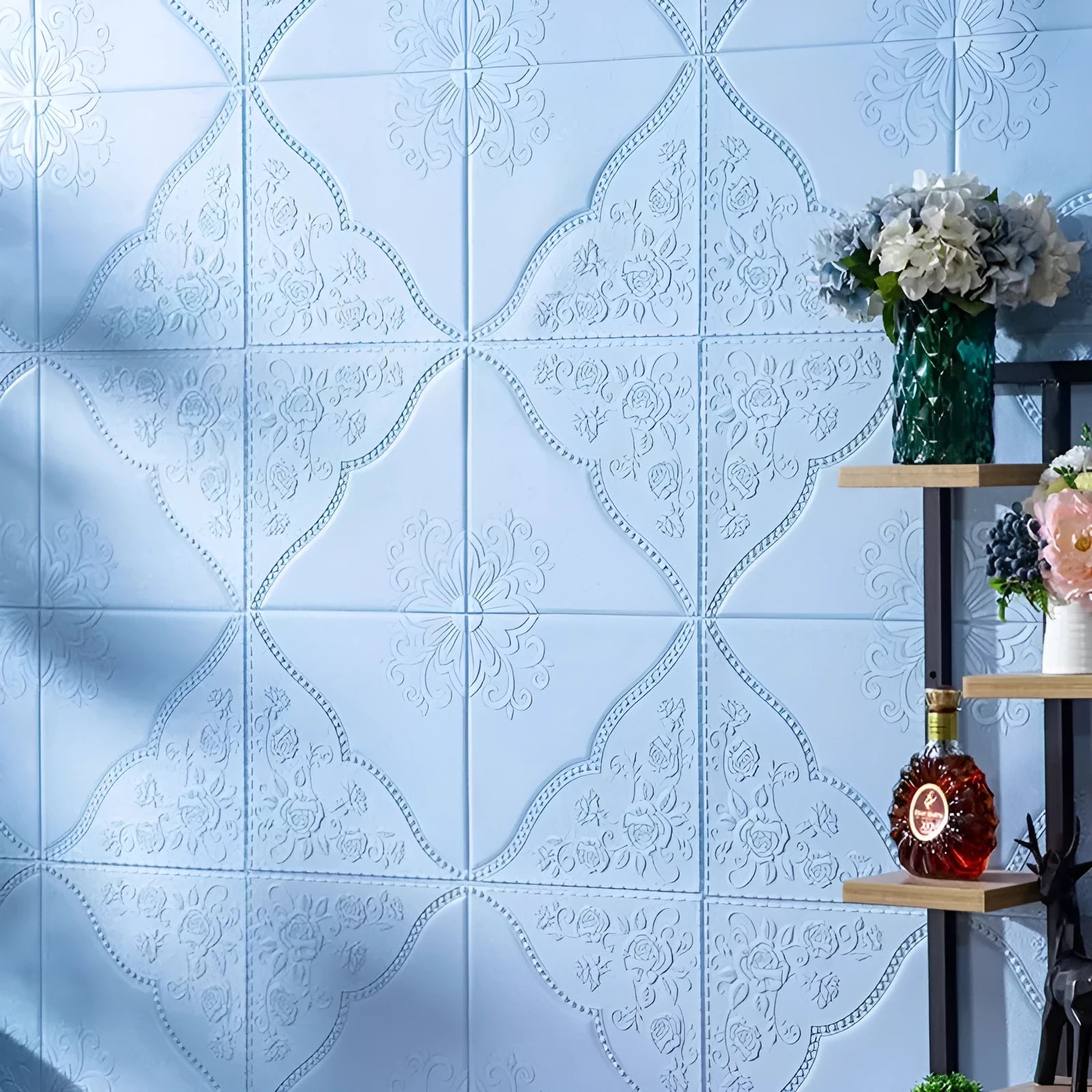 Light blue 3D plants and flowers pattern on a square 70cm x 70cm self-adhesive XPE foam wall sticker.